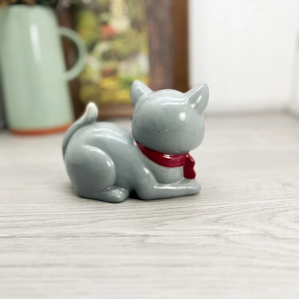 Vintage Gray Porcelain Cat Figure with Red Bow